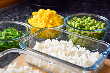 Poke bowl with rice and ingredients