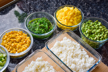 Poke bowl with rice and ingredients