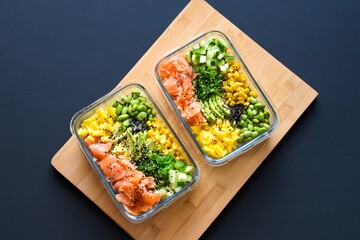 Multicolored poke bowl with salmon