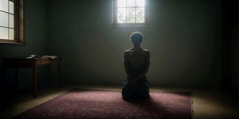 Religious young man praying to God in a dark room. Half-light, sunlight coming through the small windows. - obrazy, fototapety, plakaty