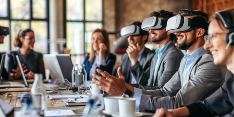 A group of business people experiencing virtual reality during a creative office meeting.