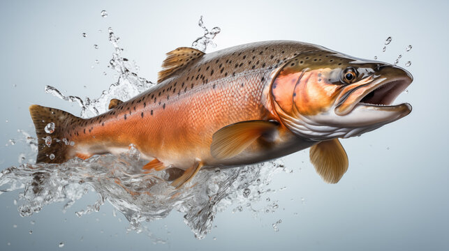Dynamic image of a rainbow trout leaping with water splashes against a light grey background.