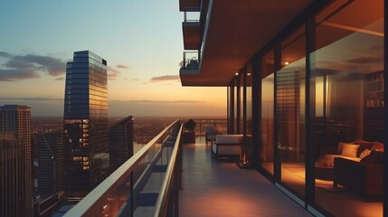 Balcony With A View Of A City At Sunset.