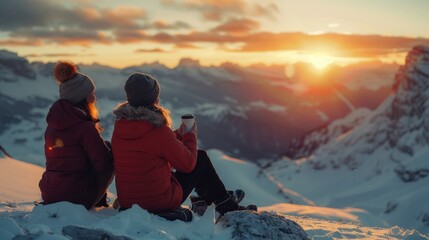 A young couple sharing a hot cup of coffee high atop a snowy mountain, looking forward a golden hour - obrazy, fototapety, plakaty