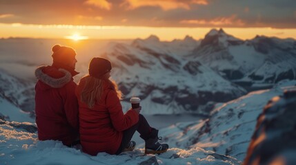 Obraz premium A young couple sharing a hot cup of coffee high atop a snowy mountain, looking forward a golden hour