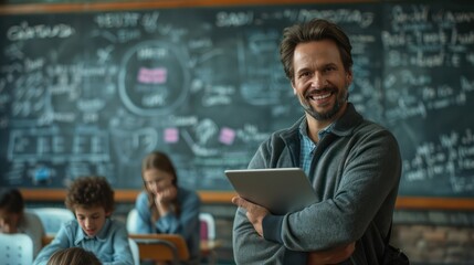 Handsome man teachers smiles happily standing in front of the blackboard in the classroom