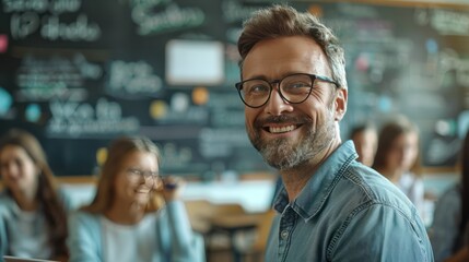 Obraz premium Handsome man teachers smiles happily standing in front of the blackboard in the classroom