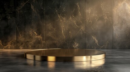 Golden pedestal or platform display with luxury stand podium in the dark room background. Empty product exhibition stand. 3D render.