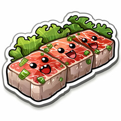 A kawaii wagyu steak sticker design, iridiscent colors, brilliant colors, isolated on white background.