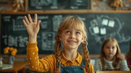 Happy smiling school girl 7-8 years old Standing in front of the classroom reading her research on a tablet