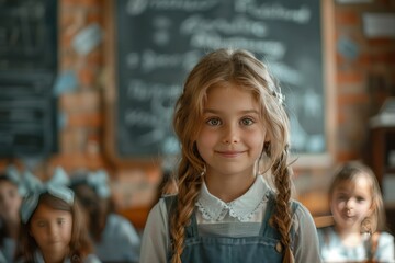 Happy smiling school girl 7-8 years old Standing in front of the classroom reading her research on a tablet