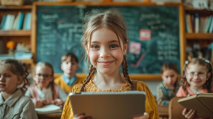 Happy smiling school girl 7-8 years old Standing in front of the classroom reading her research on a tablet