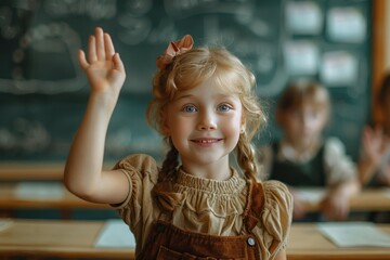 Happy smiling school girl 7-8 years old Standing in front of the classroom reading her research on a tablet