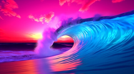 Glowing neon sea wave abstract background. Horizontal travel poster. Sunset or sunrise seascape. Digital artwork raster bitmap illustration. Purple, pink and blue colors. AI artwork. 