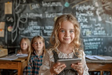 Happy smiling school girl 7-8 years old Standing in front of the classroom reading her research on a tablet