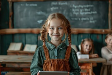 Happy smiling school girl 7-8 years old Standing in front of the classroom reading her research on a tablet
