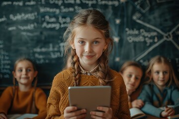 Happy smiling school girl 7-8 years old Standing in front of the classroom reading her research on a tablet