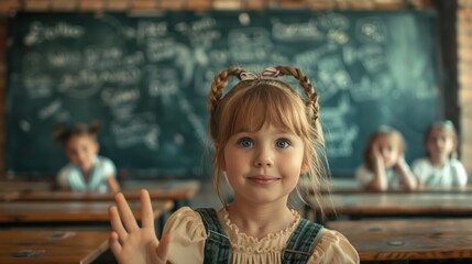 Happy smiling school girl 7-8 years old Standing in front of the classroom reading her research on a tablet