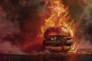 Hamburger burning with big flames advertisement, bannergenerated with AI