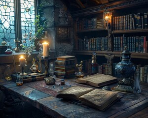 An ancient study filled with magical artifacts illuminated manuscripts - obrazy, fototapety, plakaty