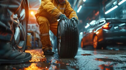 Professional Workers use Tools to change a car tire in Repair Shop - obrazy, fototapety, plakaty