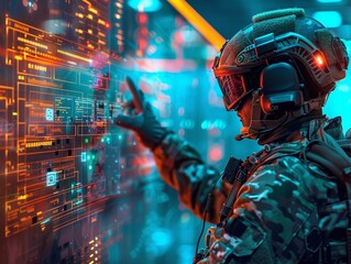 Depict a cyber soldier hacking into enemy defenses using augmented reality