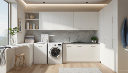 A bright and modern laundry room with energy-efficient appliances white cabinetry and a fold-down ironing board