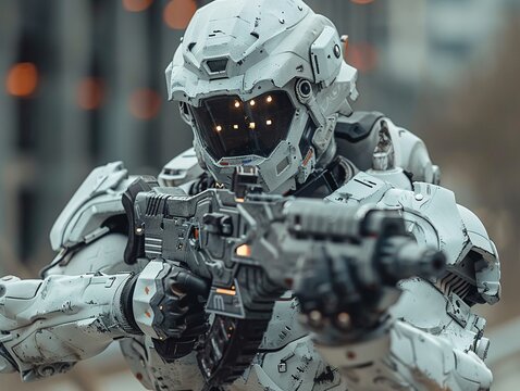 Capture a soldier wearing an exoskeleton suit in a hightech combat scenario