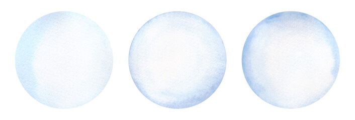 A set of watercolor light blue circles isolated on a white background, hand-drawn. Round geometric background with gradient. A template for design, decoration with a place for text. 