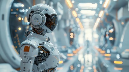 Fototapeta premium The robot standing the automation panel monitoring screen system software controls in a High-temperature nuclear reactor room