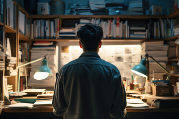 男性, 男性の後ろ姿, デスク, 仕事, 勉強, 仕事をする男性,  Male, Male Back View, Desk, Work, Study, Working Man