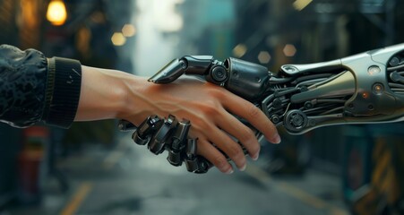 Human and ai shaking hands, generated with AI