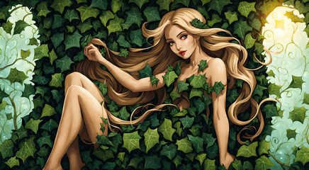 Beautiful woman tangled in ivy. Woman of nature.