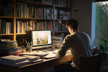 男性, 男性の後ろ姿, デスク, 仕事, 勉強, 仕事をする男性, パソコン, Male, Male Back View, Desk, Work, Study, Working Man, Computer