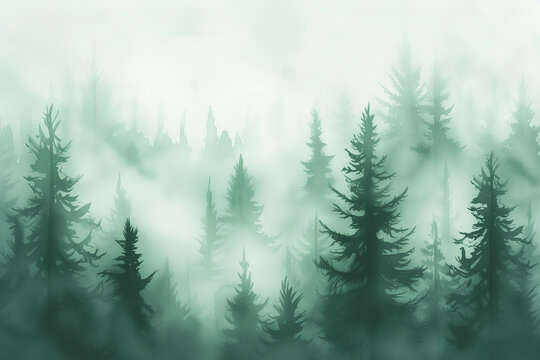 Beautiful nature watercolor picture of pine trees.