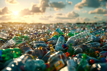 Vibrant colored bottles in a stack of plastic ready for recycling created with Generative AI technology