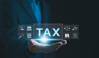 TAX concept. Businessman show TAX individual income tax return form online for tax payment. government, state taxes. Data analysis report, financial research, Calculation return. Value added Tax VAT,
