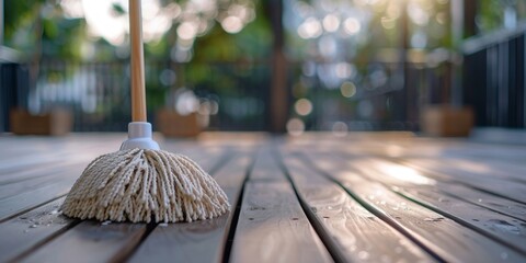 A mop stands on a sun-dappled wooden deck, highlighting outdoor housekeeping and domestic maintenance. - obrazy, fototapety, plakaty