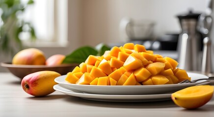 slice of mangoes in a white plate full on the table with a fork along with kitchen background in blur

