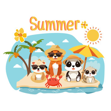 Cute animals with summer vacation on the beach.