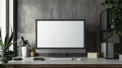Large desktop monitor with blank screen in a home office interior near the window, with green plants on the table against gray wall
