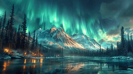 Amazing view of northern lights over snowy mountains and trees in sky - Generative AI