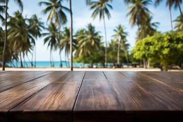 Wooden Black Tabletop on Serene Tropical Beach - Versatile for Displaying or Montaging Your Products