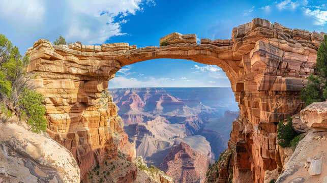 hyper realistic photo of natural arch spanning over grand canyon, blue sky 