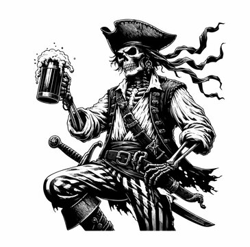 scheletro pirata con boccale di birra. Generative AI