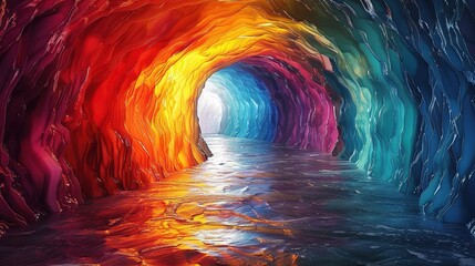AI generated illustration of dark tunnel of rainbow colors
