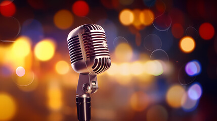 Fototapeta na wymiar Podcasting concept, microphone on blurred background