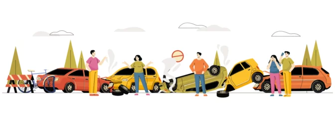 Gordijnen Car accident concept. Cartoon man driver calling for help after car crash, vehicle insurance service, road safety and traffic accident. Vector illustration © Tartila