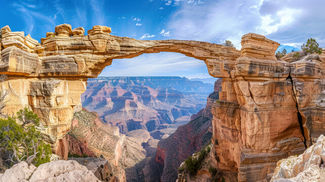 hyper realistic photo of natural arch spanning over grand canyon, blue sky 