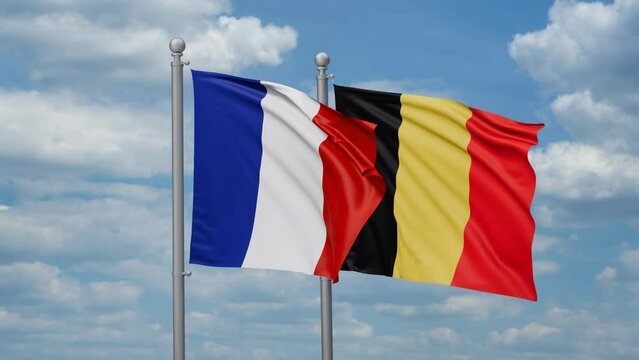 Belgium and France two flags waving together, looped video, two country relations concept